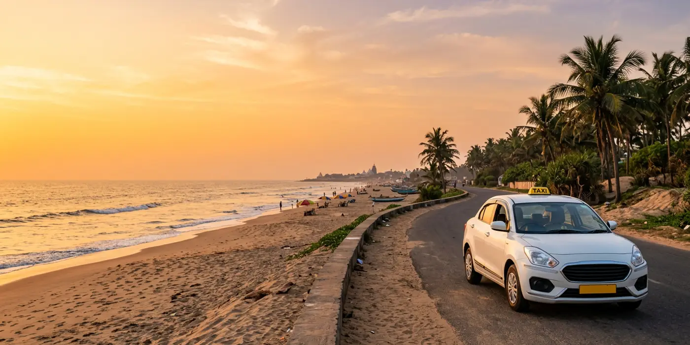 Puri beach and coastal road at sunset