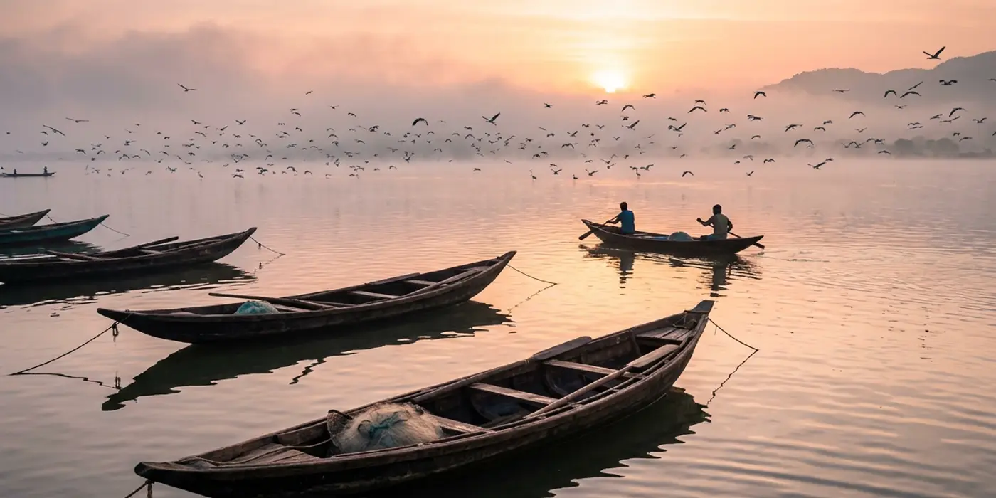 Boats on Chilika Lake at sunrise