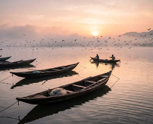 Wooden boats on Chilika Lake at sunrise, Odisha